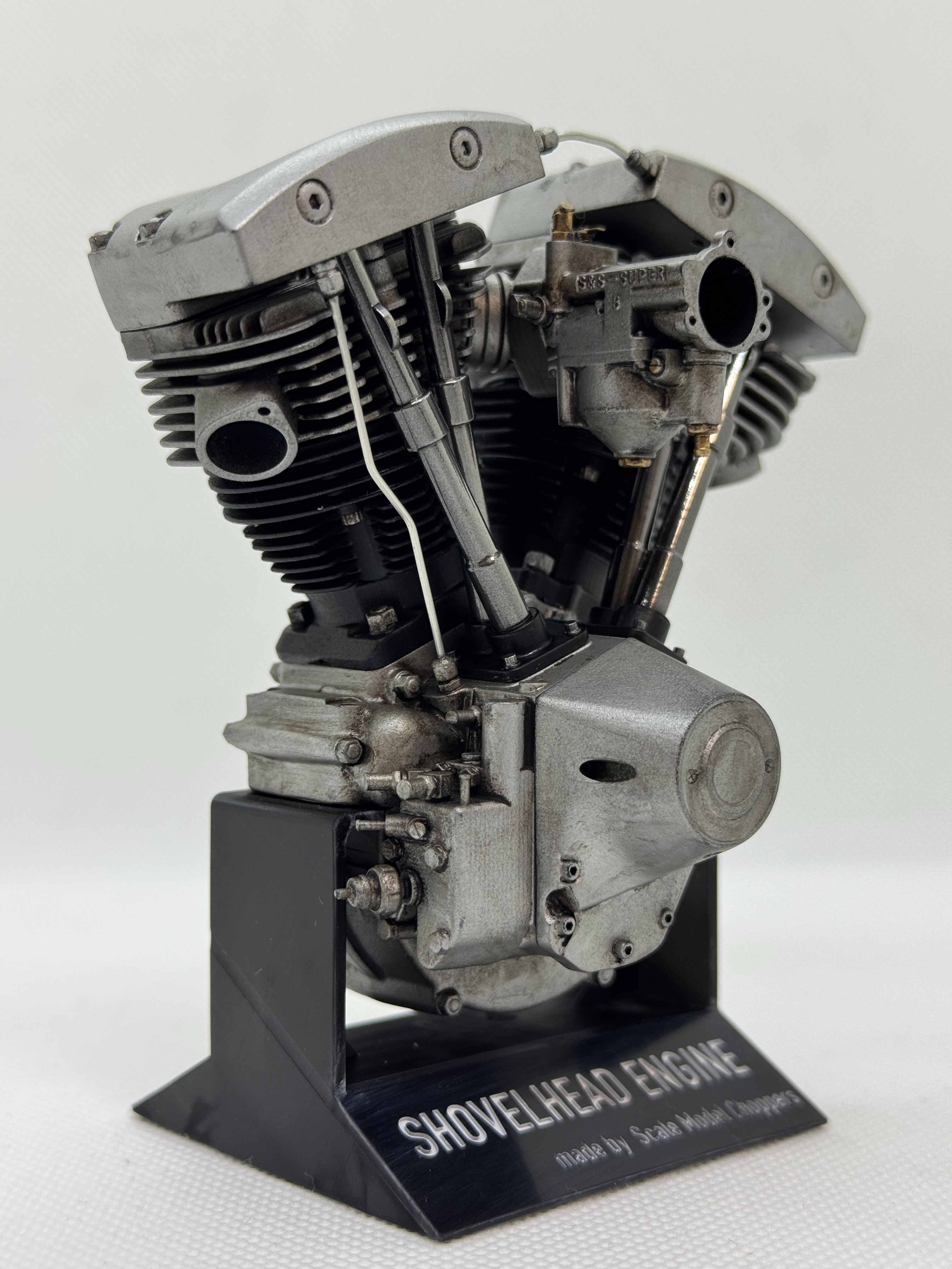 1/6スケール ショベルヘッドエンジンモデル｜S&S Bキャブ｜光造形3Dプリント＆エイジング塗装仕上げ｜リアルディスプレイモデル